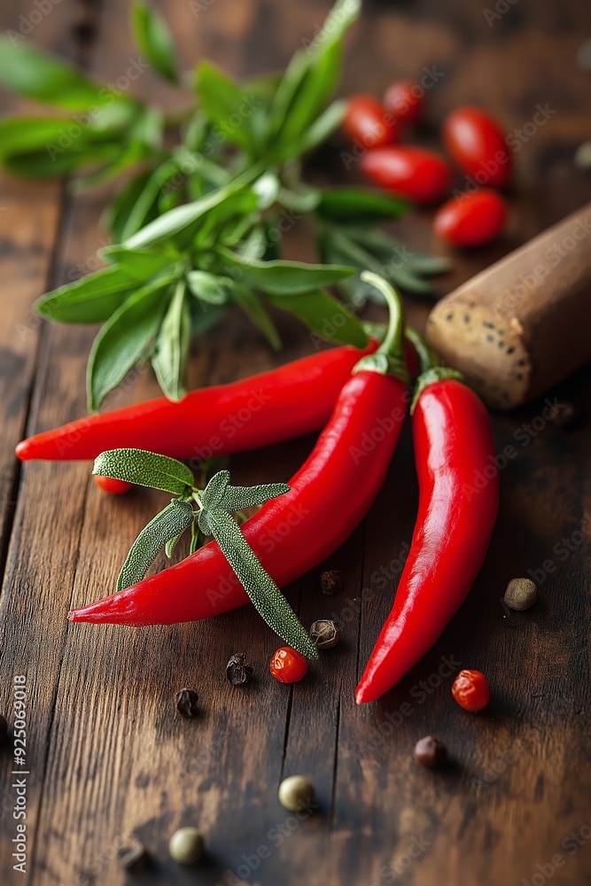 Fresh red chili peppers paired with green herbs lie on a rustic wooden table surface, highlighting their vivid colors. Fresh red chili peppers paired with green herbs lie on a rustic wooden table surface, highlighting their vivid colors.