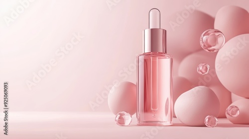 A bottle of perfume is on a table with a pink background