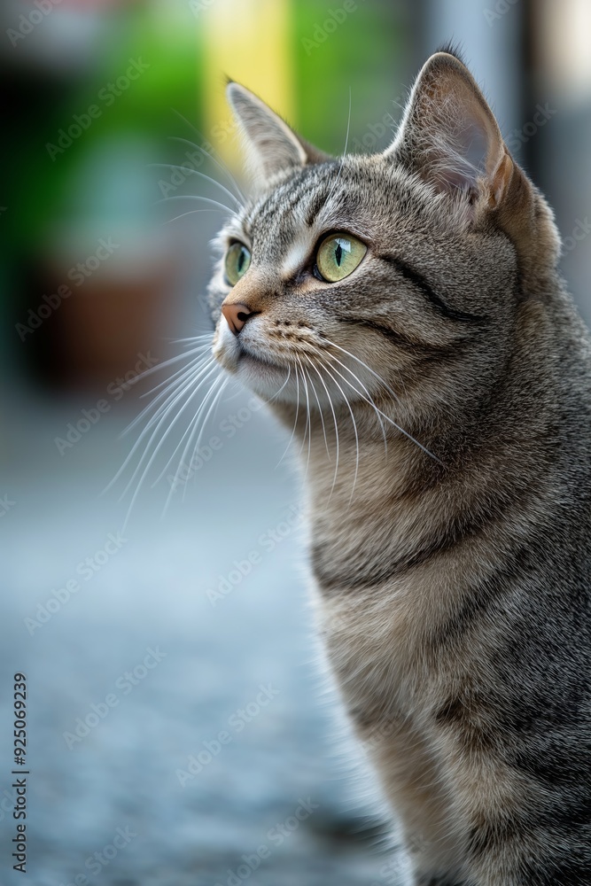 A close-up shot of a tabby cat with striking green eyes, capturing its attentive and curious expression outdoors. A close-up shot of a tabby cat with striking green eyes, capturing its attentive and curious expression outdoors.