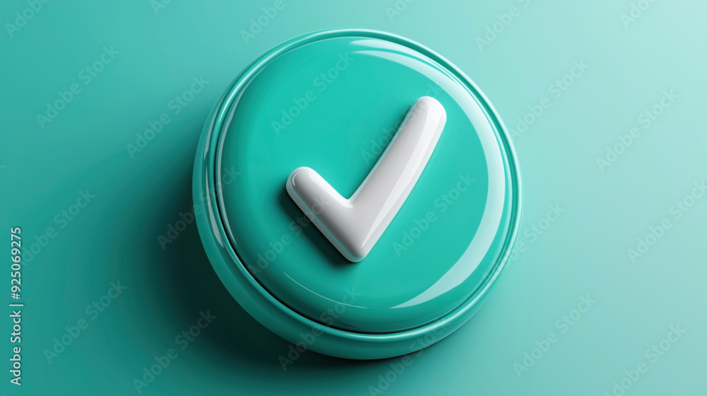 Glossy round button with a white checkmark symbol on a teal background. Glossy round button with a white checkmark symbol on a teal background.