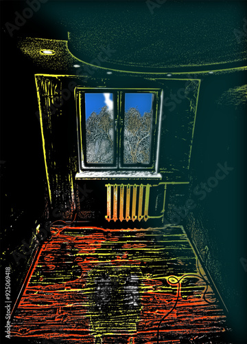 Empty interior room with an expressive window and a tree behind it.
Freshly renovated room with new laminate flooring and console, figured ceiling with recessed lights.