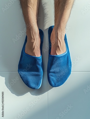 A pair of blue velvet slippers for relaxation at home.