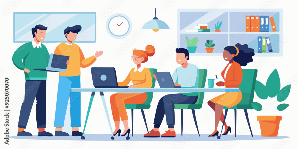 Employees discuss tasks and new projects while standing in the office. Colleagues are working. Vector illustration
Employees discuss tasks and new projects while standing in the office. Colleagues are working. Vector illustration