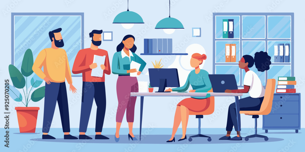 Employees discuss tasks and new projects while standing in the office. Colleagues are working. Vector illustration
Employees discuss tasks and new projects while standing in the office. Colleagues are working. Vector illustration