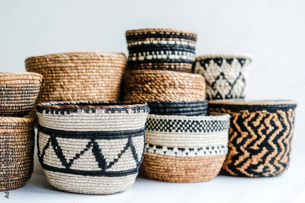 Handcrafted woven baskets showcasing unique designs and textures in a minimalist arrangement Handcrafted woven baskets showcasing unique designs and textures in a minimalist arrangement
