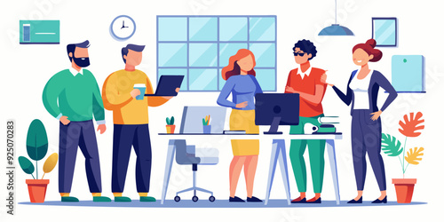 Employees discuss tasks and new projects while standing in the office. Colleagues are working. Vector illustration
