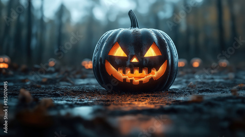 A glowing Jack-o'-lantern with a carved face, set in a dark, misty forest with several other faintly glowing pumpkins in the background.