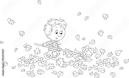 Funny little boy raking fallen leaves with a rake and cleaning his autumn garden out of town in countryside, black and white vector cartoon illustration for a coloring book page