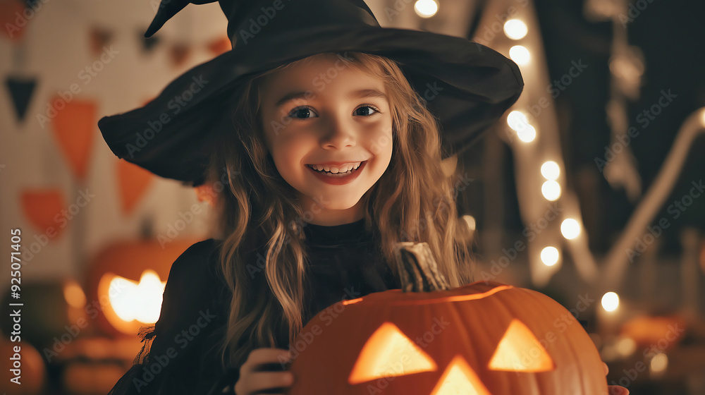 A cute little girl in a witch costume holding a Halloween pumpkin, smiling at the camera. Halloween decorations are in the background. A cute little girl in a witch costume holding a Halloween pumpkin, smiling at the camera. Halloween decorations are in the background.