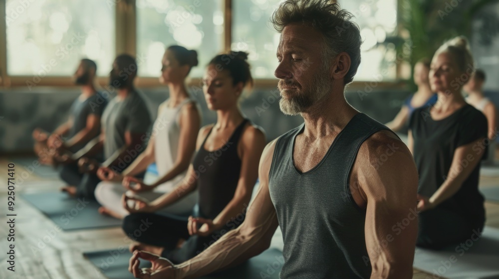 People practicing yoga in a studio. People practicing yoga in a studio.