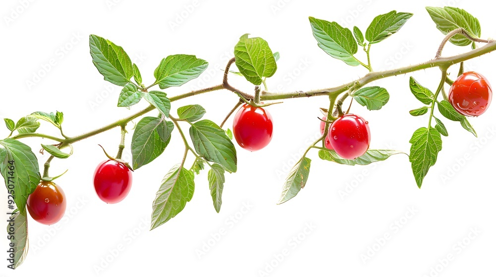 Obraz premium A branch of a tomato plant with five red tomatoes and green leaves isolated on white background.