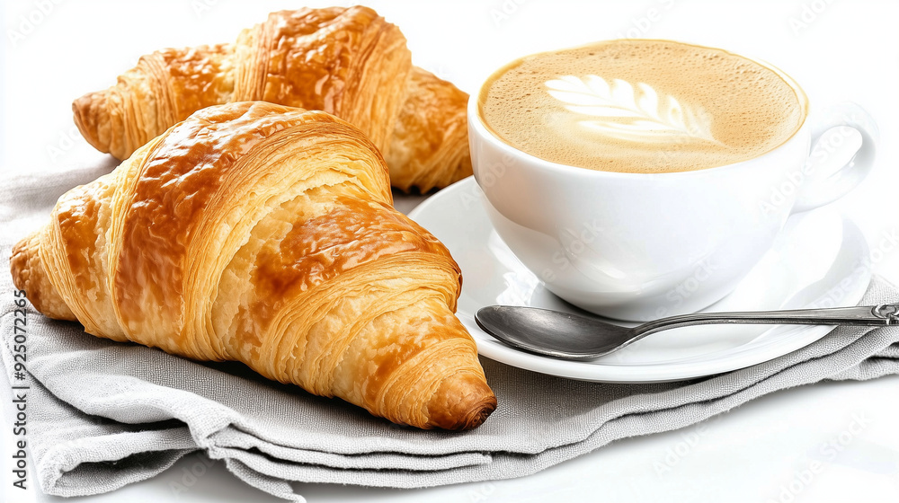 Cappuccino with frothy milk and a flaky golden croissant served on a napkin, perfectly isolated against a clean white background. The simplicity and elegance of this breakfast pairing highlight the ri