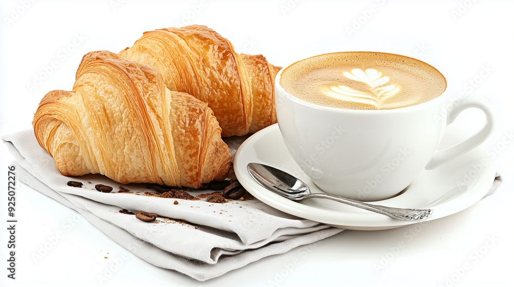 Cappuccino with frothy milk and a flaky golden croissant served on a napkin, perfectly isolated against a clean white background. The simplicity and elegance of this breakfast pairing highlight the ri Cappuccino with frothy milk and a flaky golden croissant served on a napkin, perfectly isolated against a clean white background. The simplicity and elegance of this breakfast pairing highlight the ri