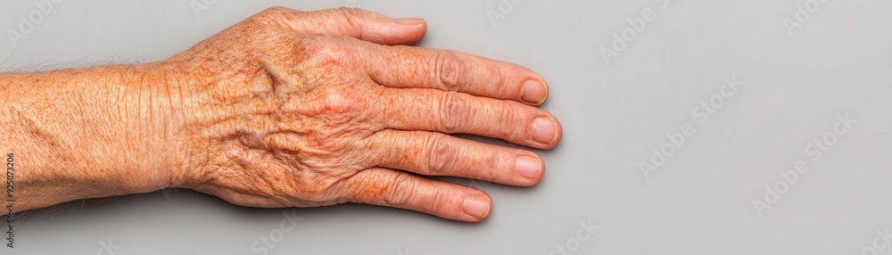 Fototapeta premium Detailed Close-up of Arthritis in Hand with Swollen Joints, Copy Space Available for Text