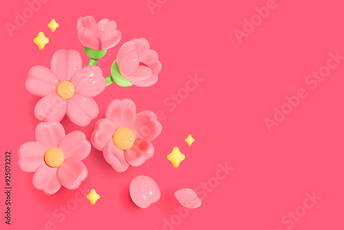 3D pink flowers and small yellow stars