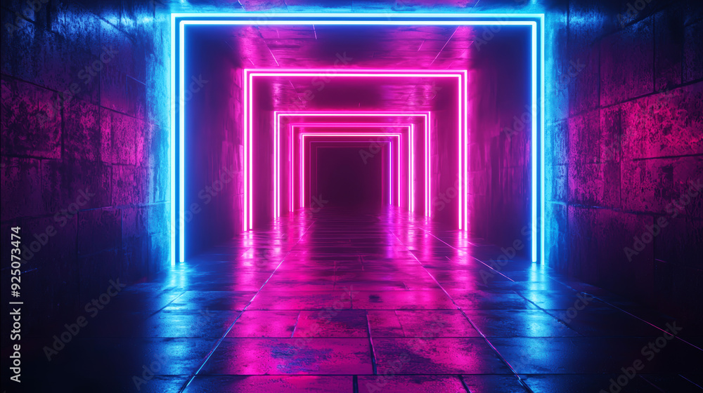 A neon lighted tunnel with pink and blue lights A neon lighted tunnel with pink and blue lights