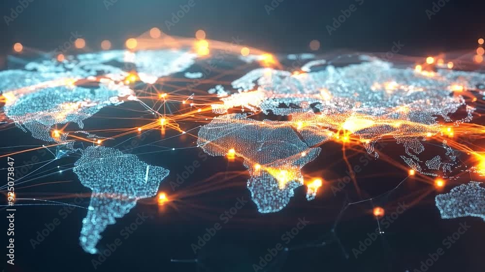 A digital representation of a world map illuminated by glowing lines, illustrating global network connections and data flow. A digital representation of a world map illuminated by glowing lines, illustrating global network connections and data flow.