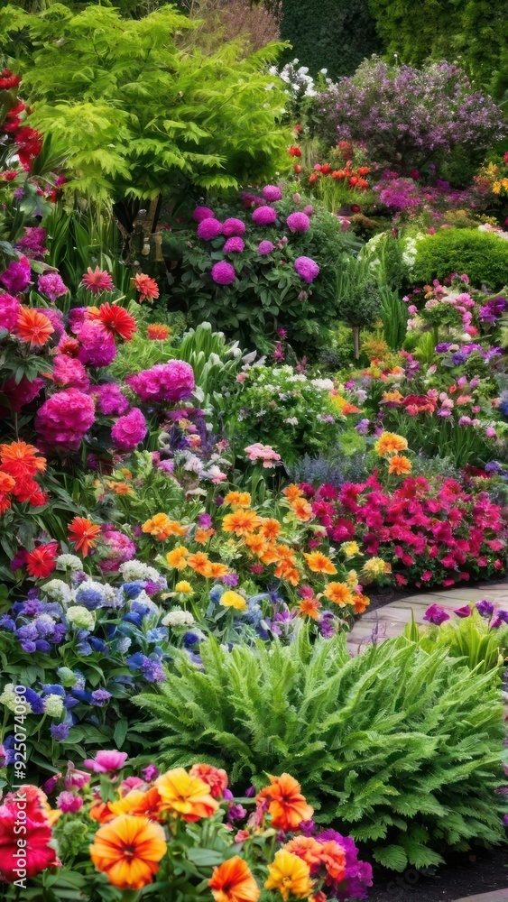 Bustling garden filled with a variety of flowers and greenery, Bustling garden filled with a variety of flowers and greenery,