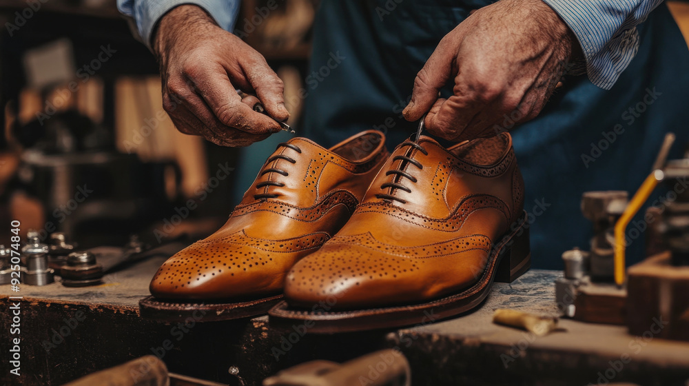 Bespoke leather shoes being handcrafted by a master cobbler in a workshop Bespoke leather shoes being handcrafted by a master cobbler in a workshop