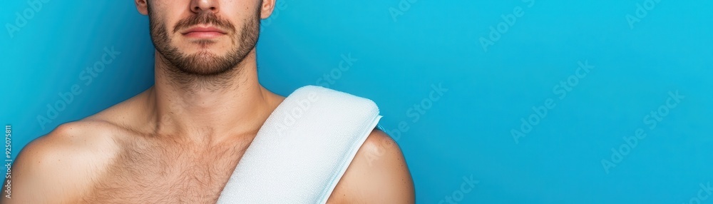 Obraz premium Relaxing with Heat Therapy - Person using Heating Pad on Shoulder with Copy Space for Text, Calm and Comfortable Expression