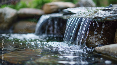 Close-up of a tranquil waterfall in a zen garden, water cascading over smooth stones