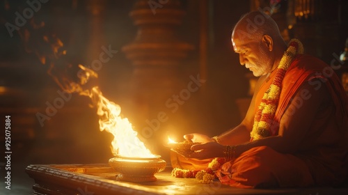 The priest diligently conducts a ritual, offering prayers and light in a tranquil temple environment