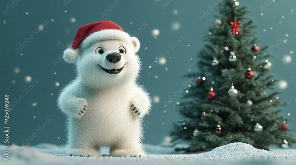 A 4K Realistic Fantasy 3D cartoon polar bear wearing a Santa hat, standing next to a Christmas tree A 4K Realistic Fantasy 3D cartoon polar bear wearing a Santa hat, standing next to a Christmas tree