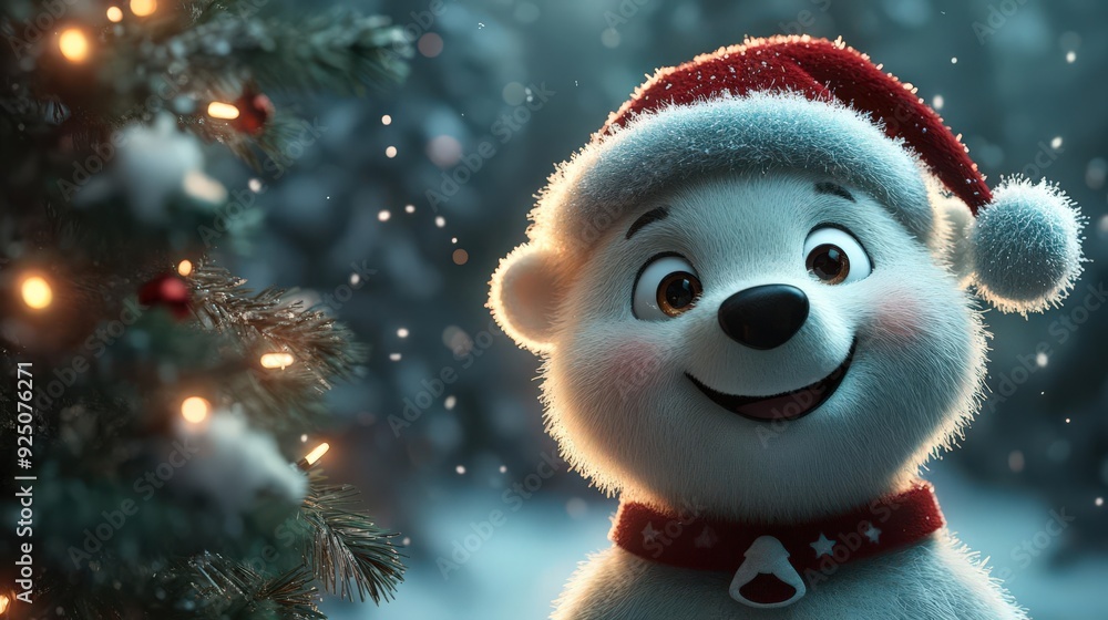 A 4K Realistic Fantasy 3D cartoon polar bear wearing a Santa hat, standing next to a Christmas tree A 4K Realistic Fantasy 3D cartoon polar bear wearing a Santa hat, standing next to a Christmas tree