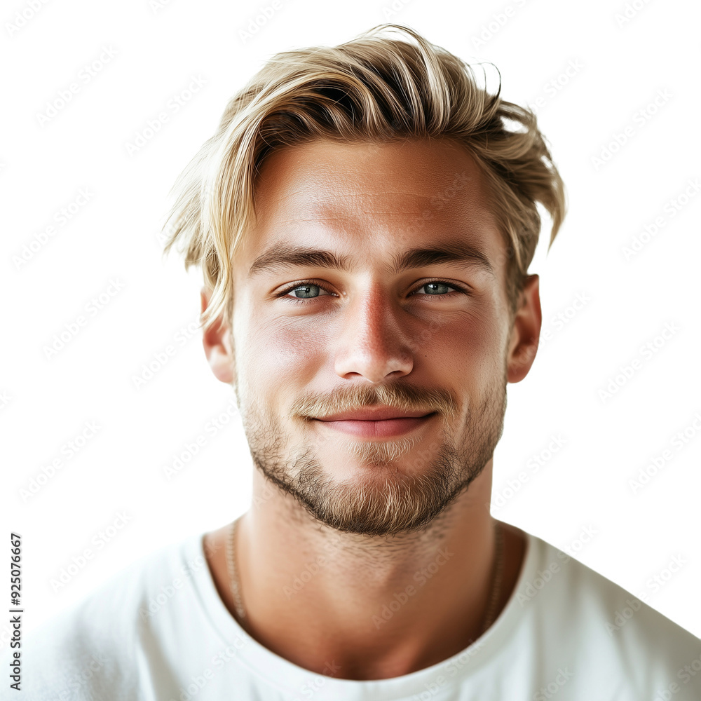 Portrait of handsome blonde European male model looking with a smile on face, isolated on transparent background. Attractive masculine model, blond hair. Design element for poster, publicity. Portrait of handsome blonde European male model looking with a smile on face, isolated on transparent background. Attractive masculine model, blond hair. Design element for poster, publicity.