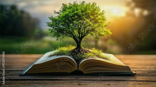 An open book with a vibrant tree growing from its pages, symbolizing knowledge and nature's harmony in a beautiful landscape. photo