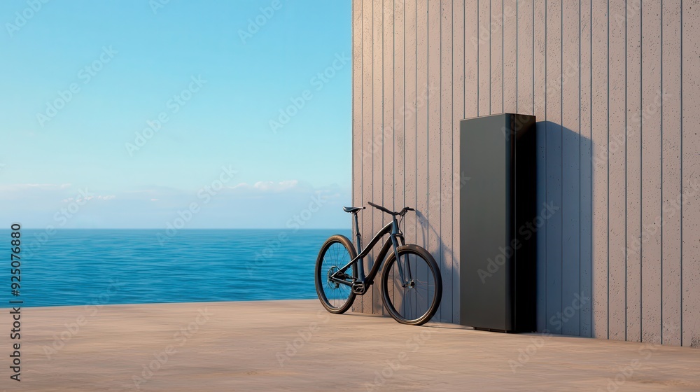 Fototapeta premium A bicycle rests against a sleek refrigerator by the serene seaside, embodying summer vibes and modern outdoor living.
