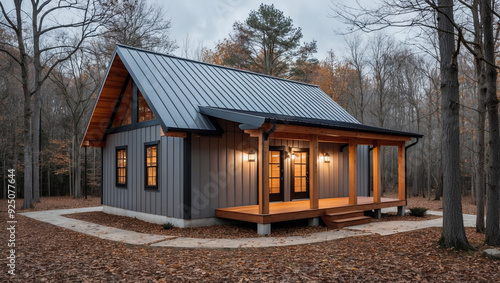Cabin in the woods during dusk
