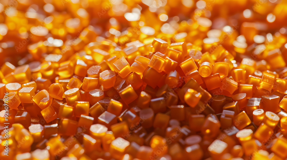 Raw orange plastic pellets Background Close-up Plastic granules Polymer plastic beads resin polymer Raw orange plastic pellets Background Close-up Plastic granules Polymer plastic beads resin polymer