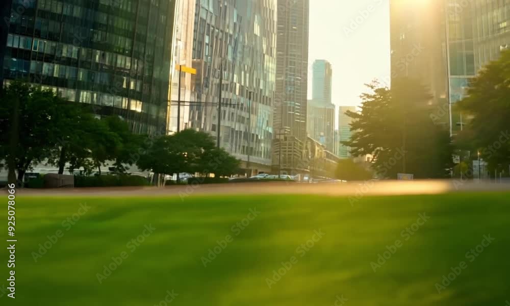 in the city center the tall buildings close outside the green grass and street in the city and the sunlight in the city center the tall buildings close outside the green grass and street in the city and the sunlight