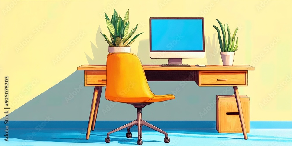 Fototapeta premium Bright and stylish workspace featuring a home office desk, computer, and decorative plants for a productive atmosphere.
