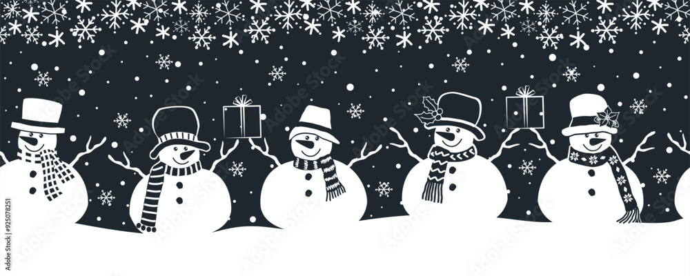 Naklejka premium Snowmen Have Fun in Winter Holidays. Seamless Border. Christmas Background. Cute Snowmen in Winter Clothes with Gifts under Snowflakes. Greeting Card Template. Vector Illustration in Dark Blue , White