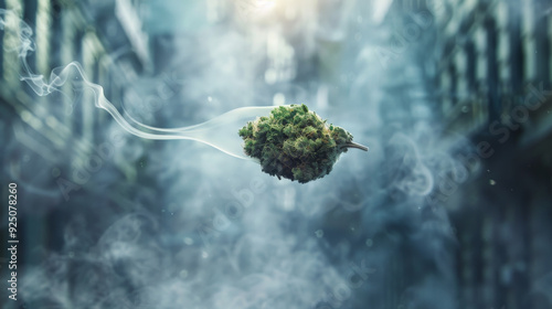 Suspended marijuana piece with surrounding smoke, close-up. 