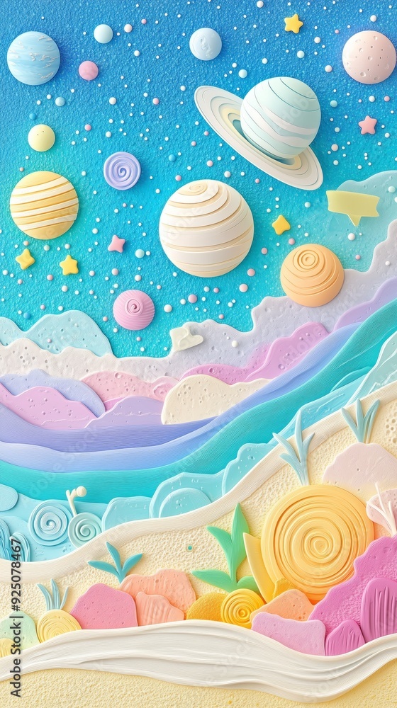 A whimsical collage featuring colorful planets against a starry sky, accompanied by a vibrant landscape of rolling hills and playful shapes. A whimsical collage featuring colorful planets against a starry sky, accompanied by a vibrant landscape of rolling hills and playful shapes.