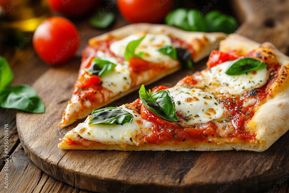 Pizza with mozzarella, tomato and basil on a wooden background Pizza with mozzarella, tomato and basil on a wooden background