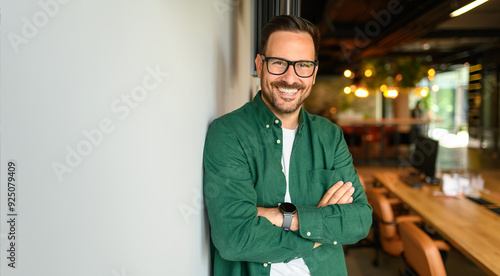 Fotografía Portrait of confident businessman in glasses and with arms crossed leaning on wh