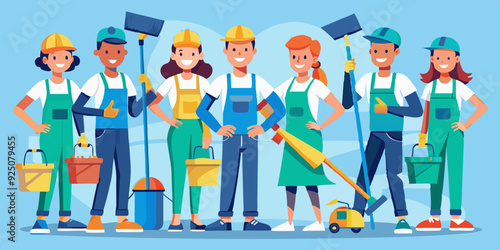 Set of cleaning service employees and equipment and tools for cleaning premises. Cleaning order
