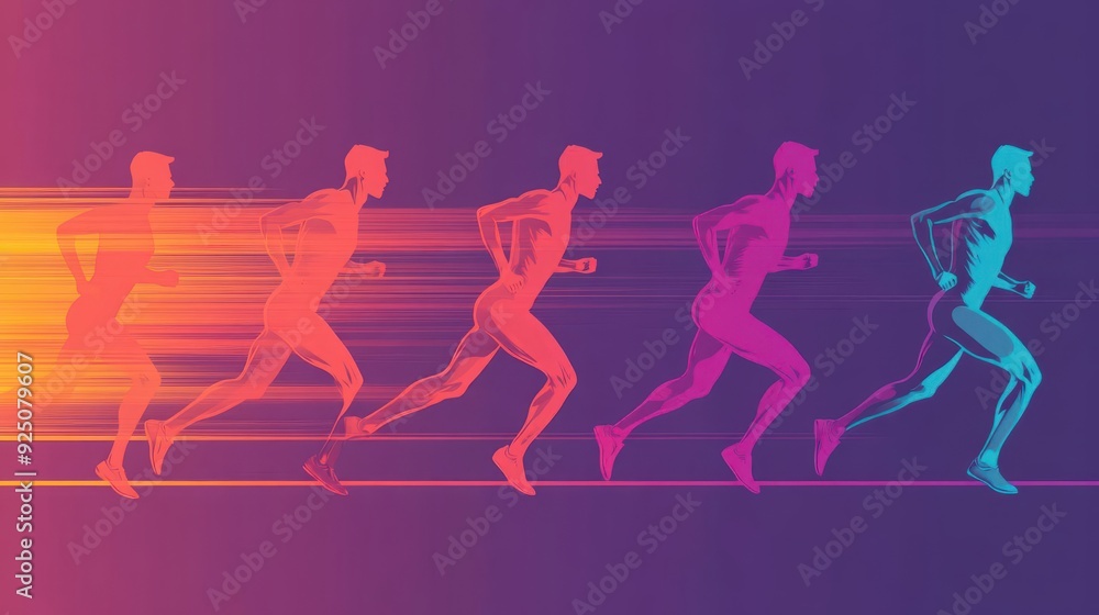 Silhouettes of sprinters in motion, each filled with different vibrant gradients, abstract style, powerful and fastpaced, minimalist background, high detail Silhouettes of sprinters in motion, each filled with different vibrant gradients, abstract style, powerful and fastpaced, minimalist background, high detail