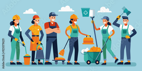 Set of cleaning service employees and equipment and tools for cleaning premises. Cleaning order
