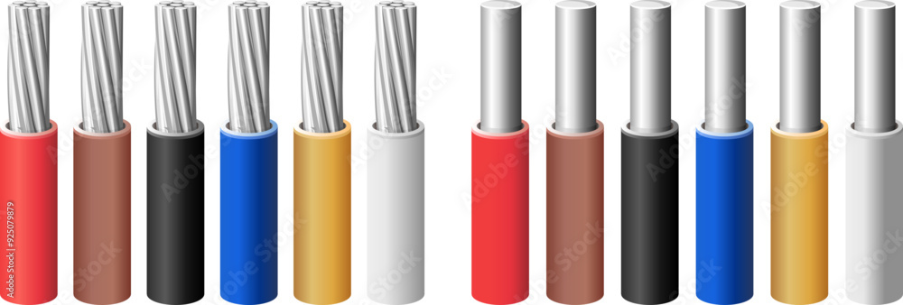 Set of aluminum electrical stranded and solid wires in different colors of insulating coating (positive, negative, ground). Vector color illustration. Set of aluminum electrical stranded and solid wires in different colors of insulating coating (positive, negative, ground). Vector color illustration.