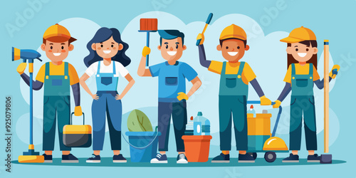 Set of cleaning service employees and equipment and tools for cleaning premises. Cleaning order
