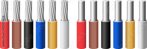Set of aluminum electrical stranded and solid wires in different colors of  insulating coating (positive, negative, ground). Vector color illustration.