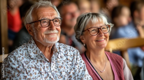 Senior couple smiling while watching a performance 