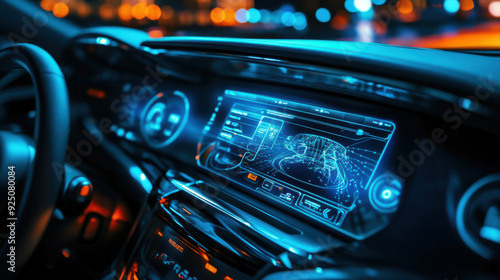 Close-up of a car's dashboard, showcasing advanced digital interfaces and features