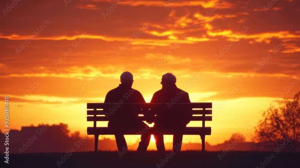 Obraz premium Two elderly men sitting on bench at sunset 