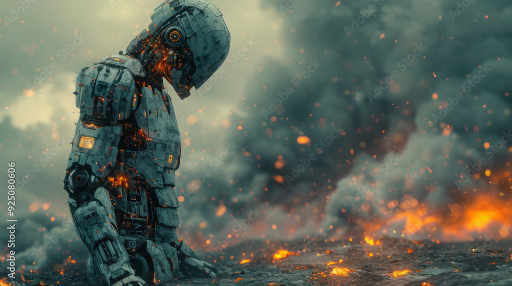 AI humanoid seeing world around him crumbling. AI humanoid seeing world around him crumbling.
